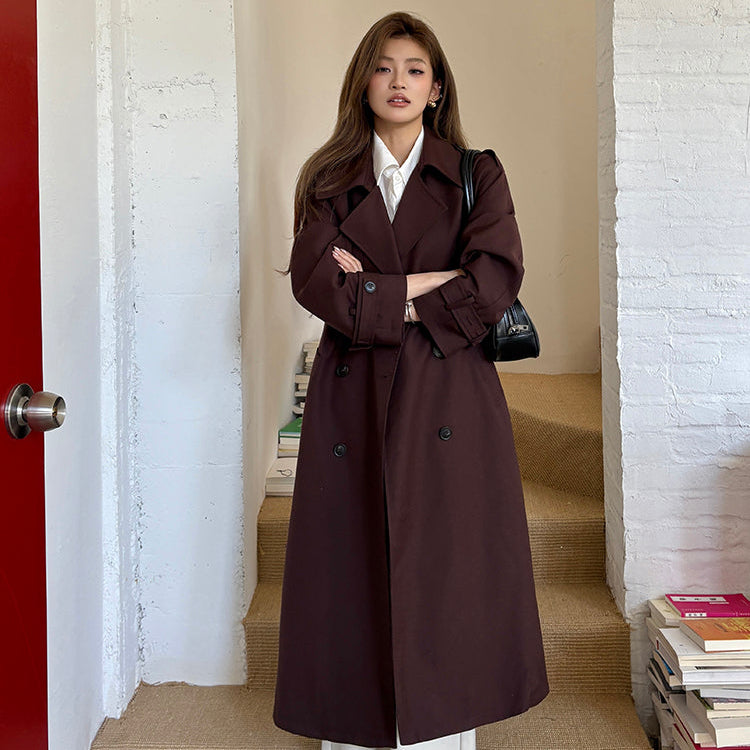 棕紅高級感雙排扣中長風衣-25652