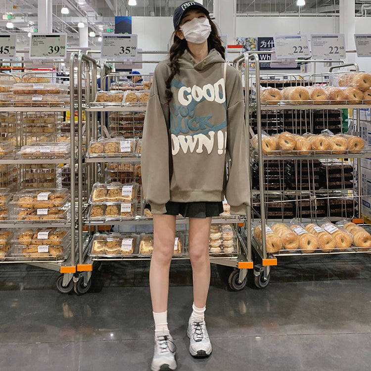 GOOD LUCK美式復古加絨連帽衛衣-25629