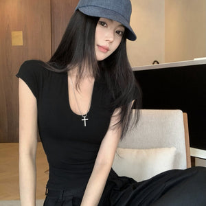 深U領緊身小飛袖彈力上衣-25481
