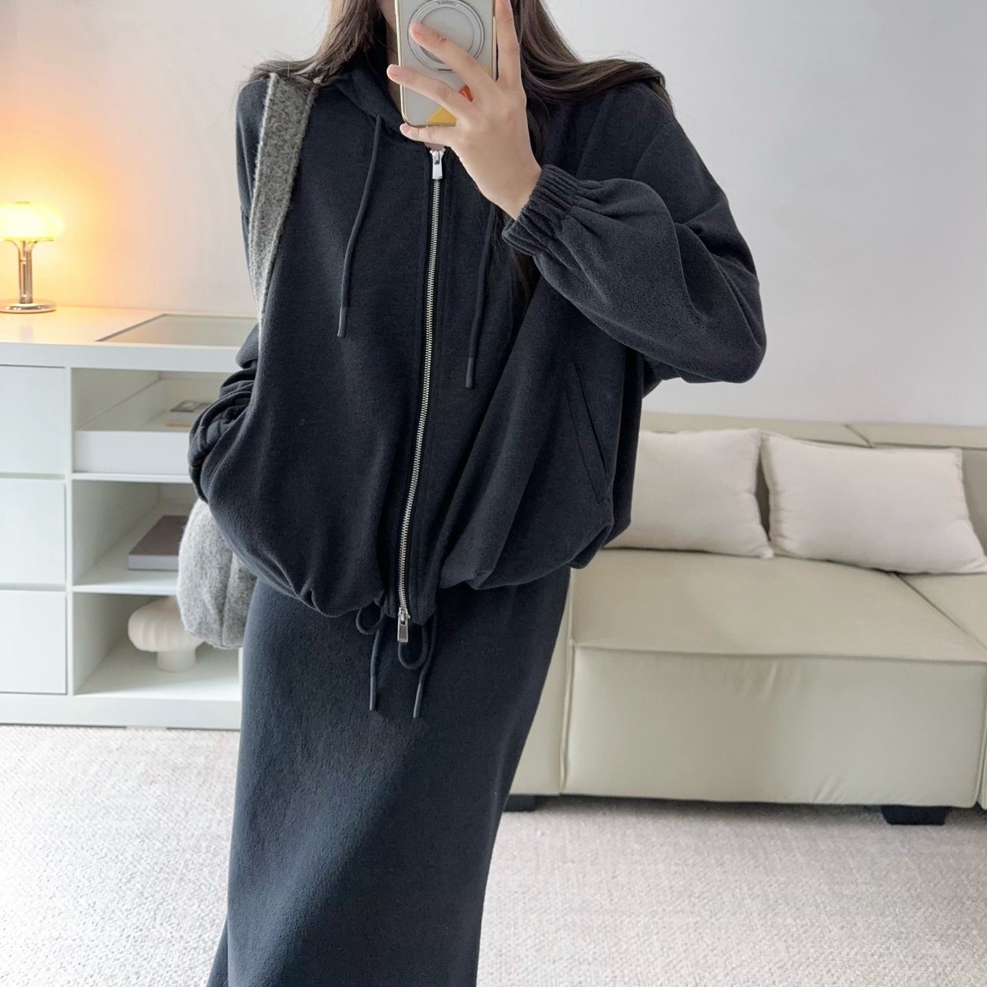 桑蠶絲羊毛連帽外套垂感開衩長裙套裝-25603