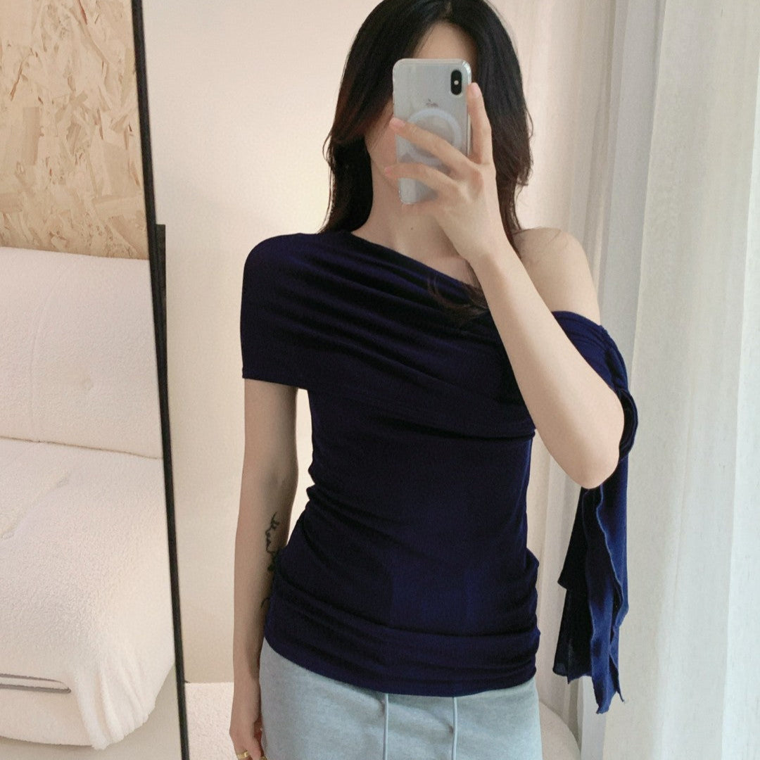 女人香深藍飄帶露肩上衣-25578
