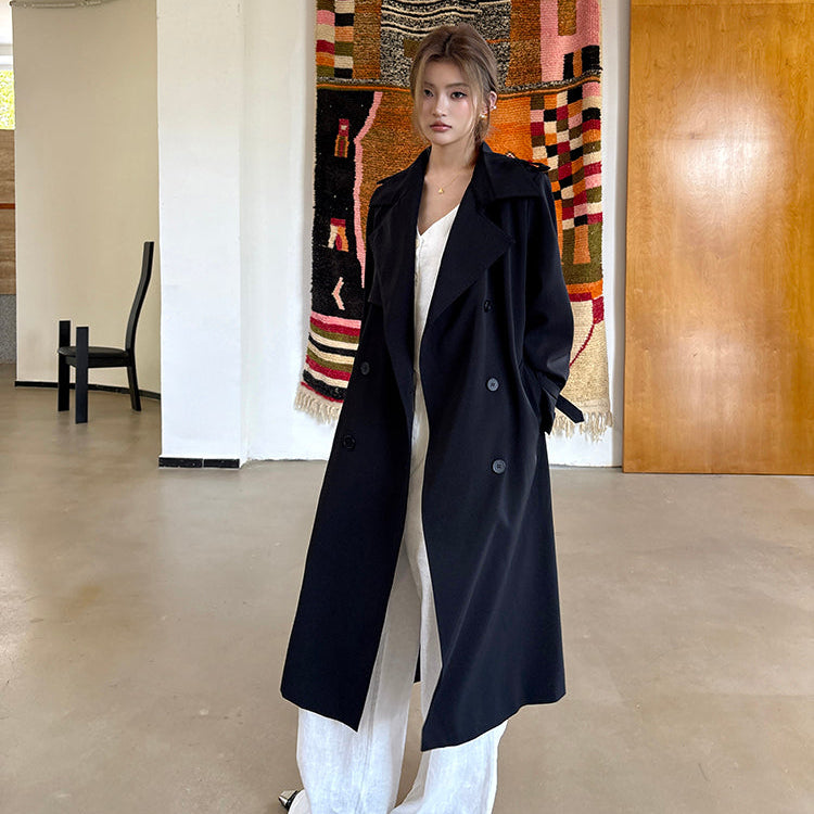 許我耀眼黑色繫帶長風衣-25644