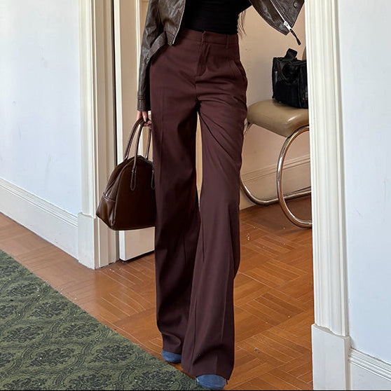 紅棕色高腰直筒垂感西褲-25664