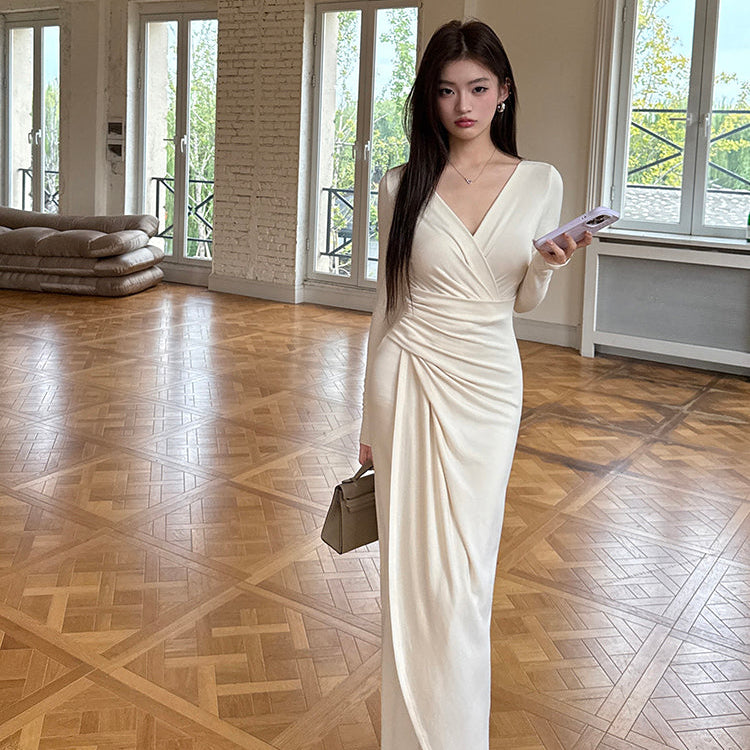 天使之吻杏白V領褶皺收腰長洋-25680