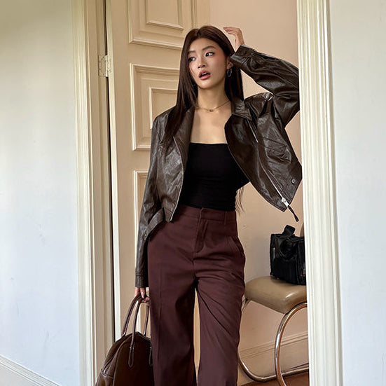 辣妹棕色PU皮夾克-25665