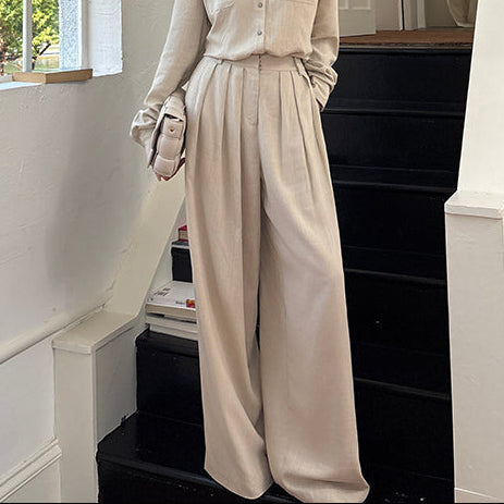 亞麻直紋落地寬褲-25658