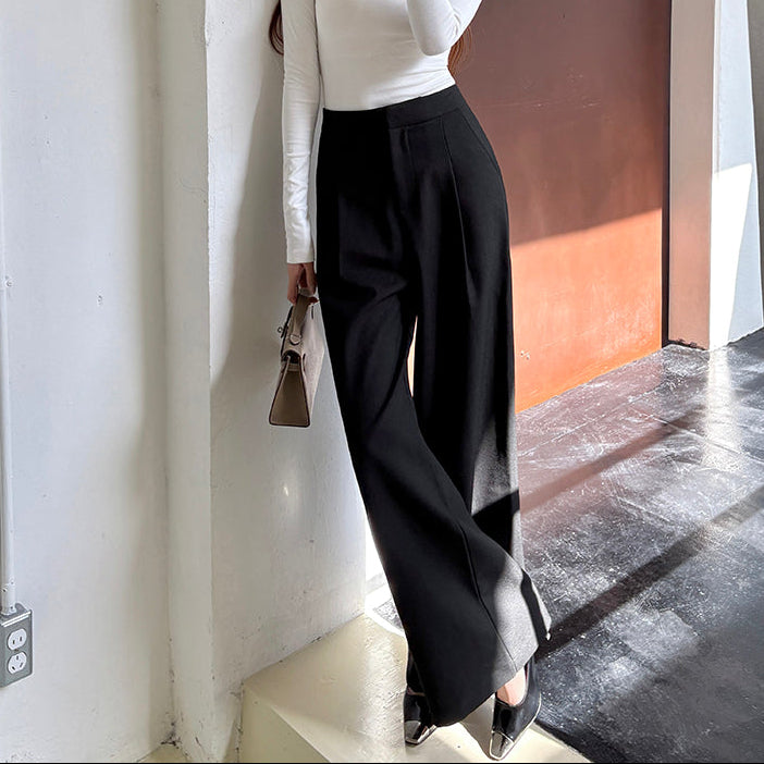 咖色高腰寬鬆落地西裝褲-25649