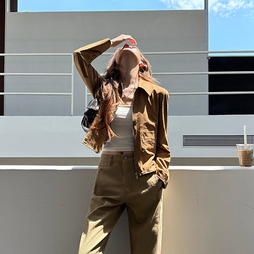 深卡其牛皮絨拉鏈皮外套-25656