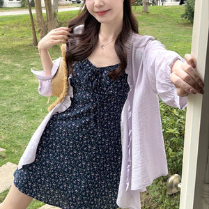紫色花邊拼接襯衫-25293