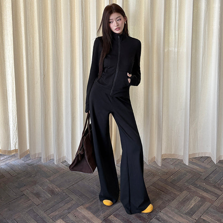 秘密同盟黑色立領修身外套寬褲兩件套-25636