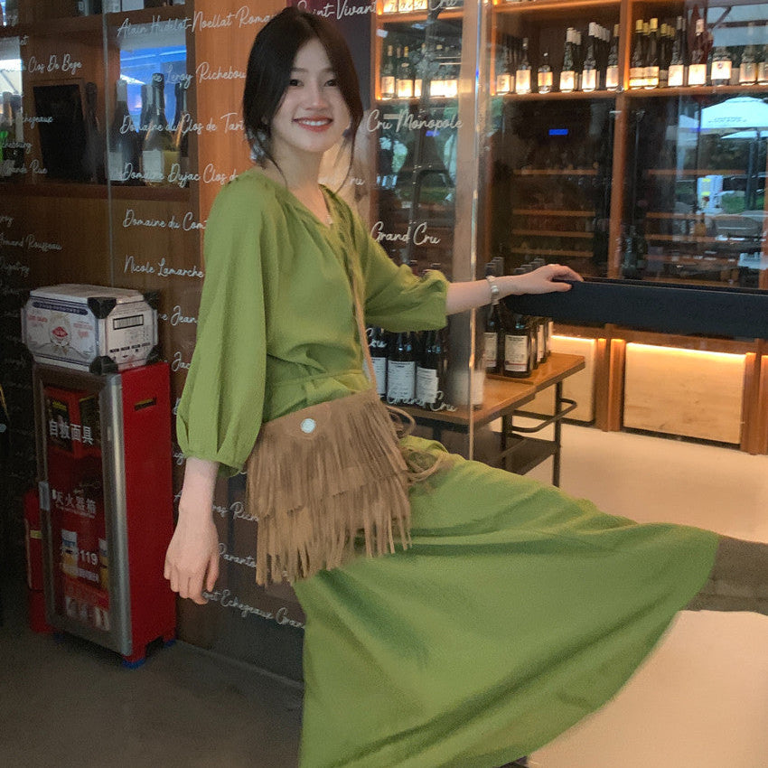 小巷人家寬鬆V領繫帶長洋-25343