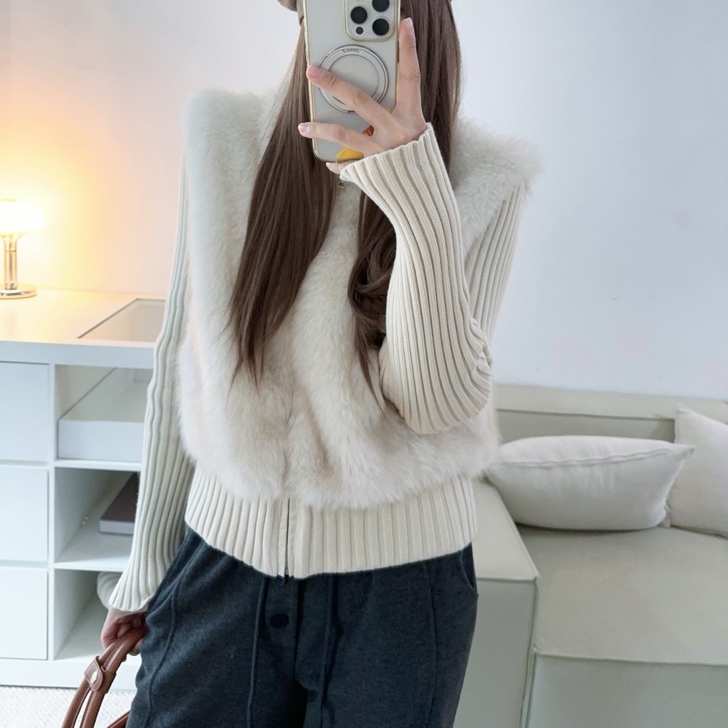 保暖禦寒顯瘦毛毛拼接針織外套-25678