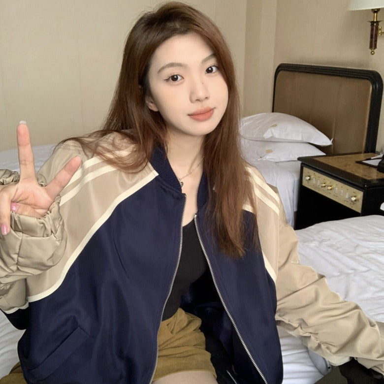 棕藍撞色寬鬆棒球外套-23498