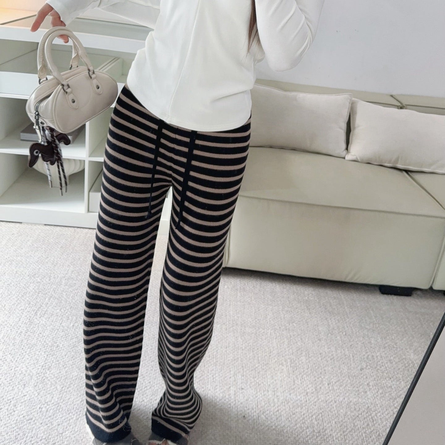 軟糯針織加厚條紋寬褲-25673