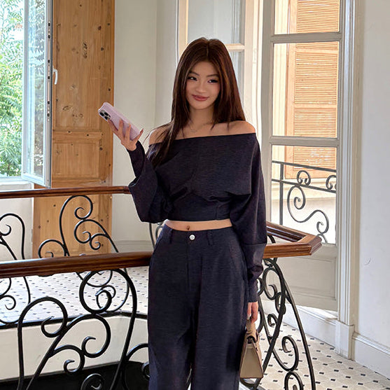 靛藍一字肩露腰上衣-25645