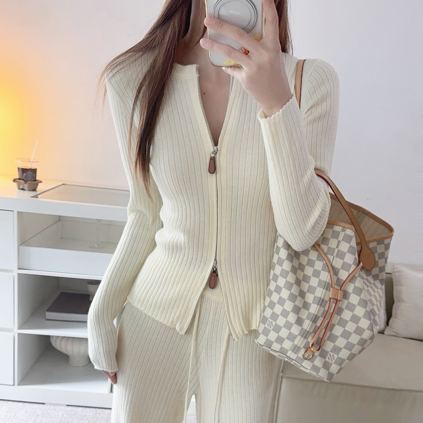 拉鍊坑條針織外套鬆緊高腰直筒長褲套裝-25676