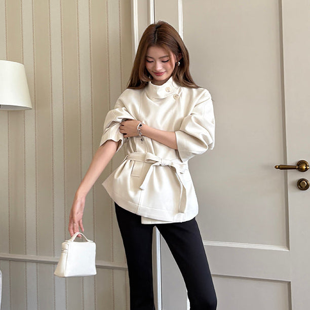 杏白立領收腰綁帶短風衣-25639