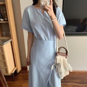 清新小V領綁帶式收腰長洋-25341