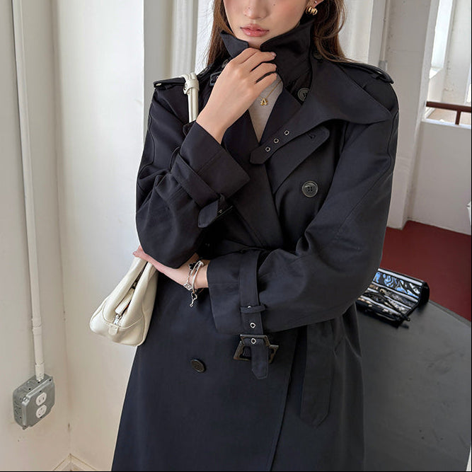 黑色經典重工中長風衣-25653