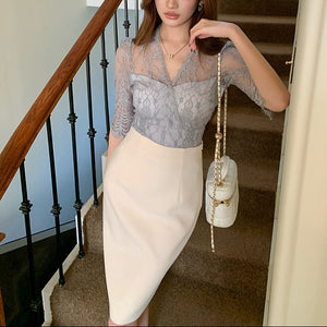 性感名媛杏色高腰修身包臀裙-25152