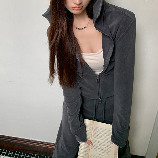 深灰絨面連帽外套垂感直筒褲兩件套-25630