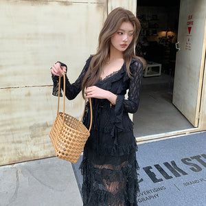 黑蕾絲綁帶開衫-25242