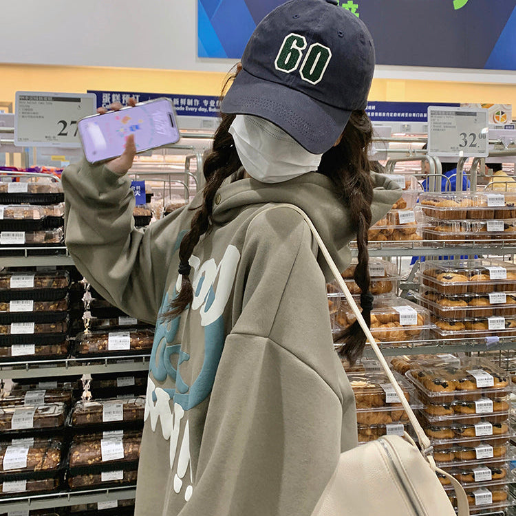 GOOD LUCK美式復古加絨連帽衛衣-25629