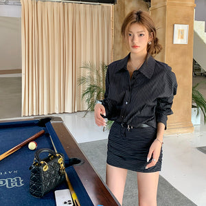 美麗壞女人黑底白條紋襯衫皮帶連衣短洋-25145