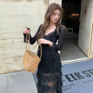 魔女的條件黑色鏤空蕾絲長洋-25249
