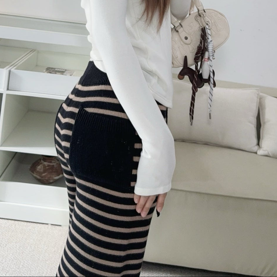 軟糯針織加厚條紋寬褲-25673