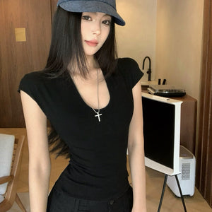 深U領緊身小飛袖彈力上衣-25481