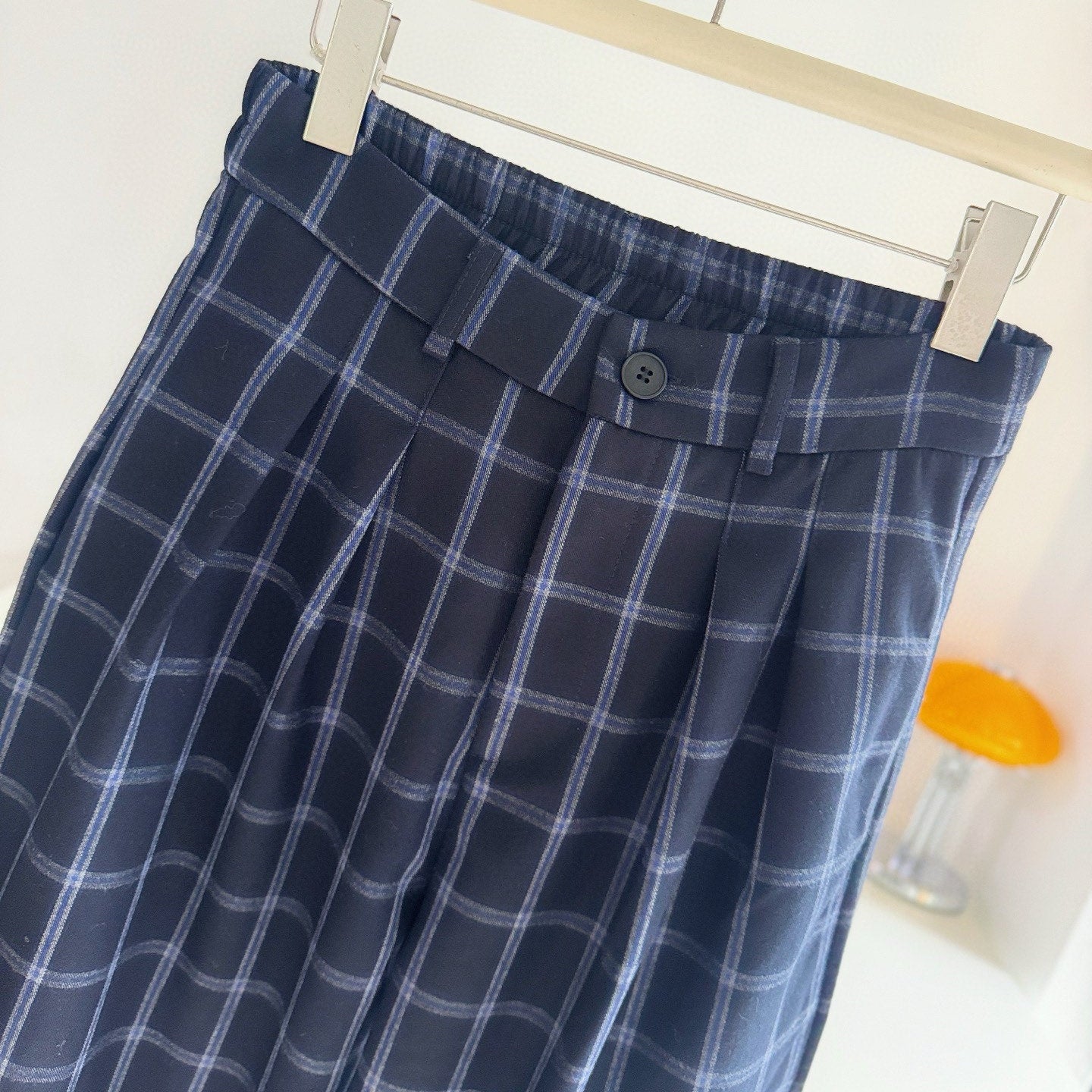 藍格紋後鬆緊顯瘦寬褲-25670