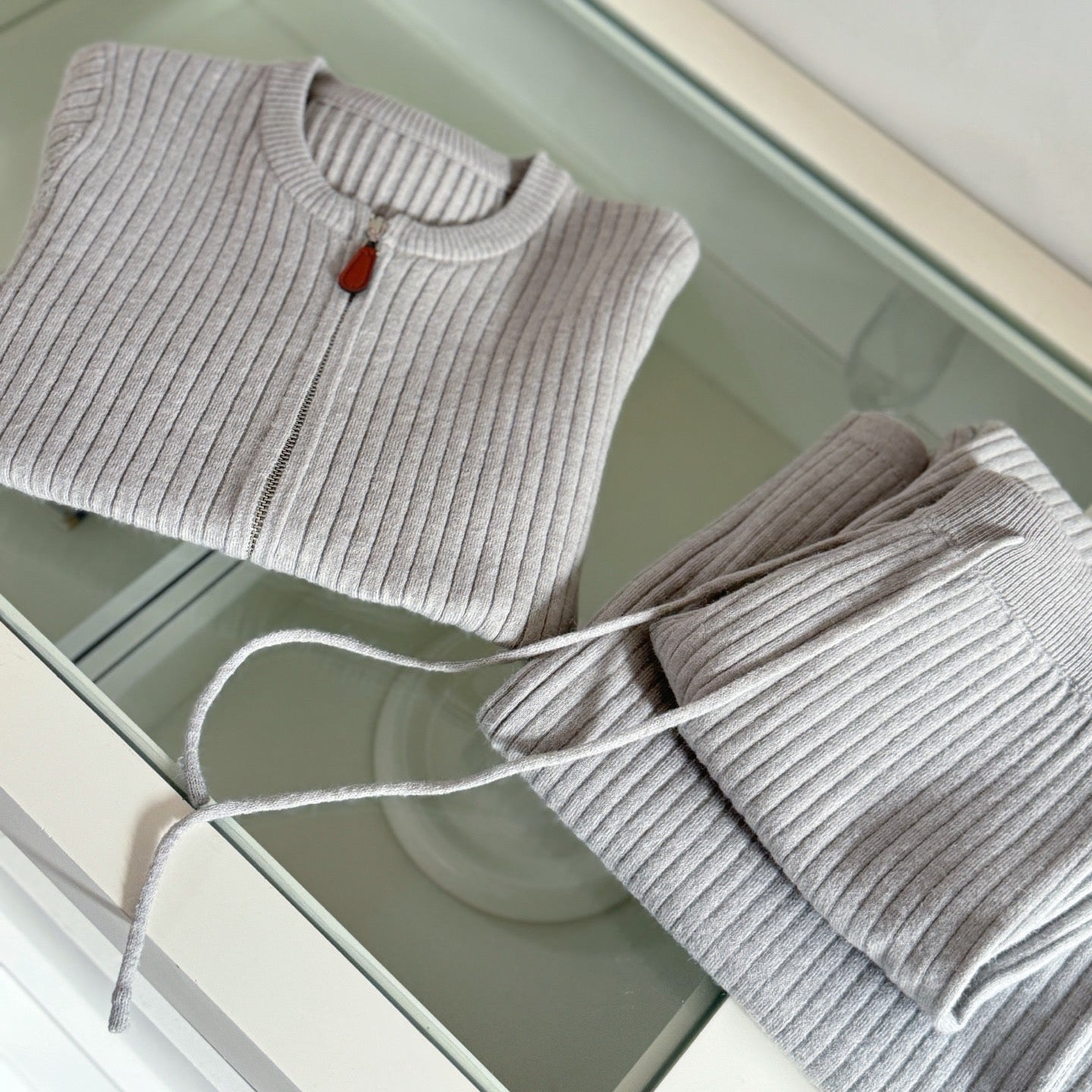 拉鍊坑條針織外套鬆緊高腰直筒長褲套裝-25676