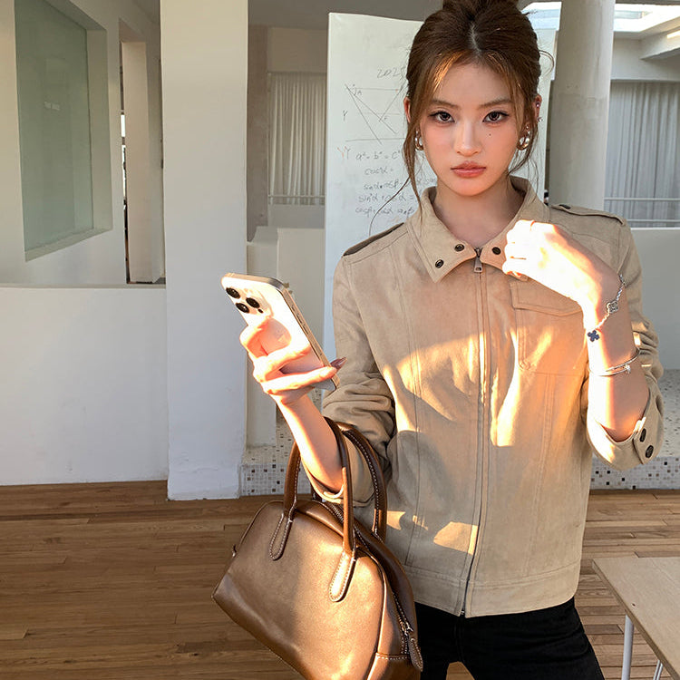 美式懷舊牛皮絨短夾克-25651