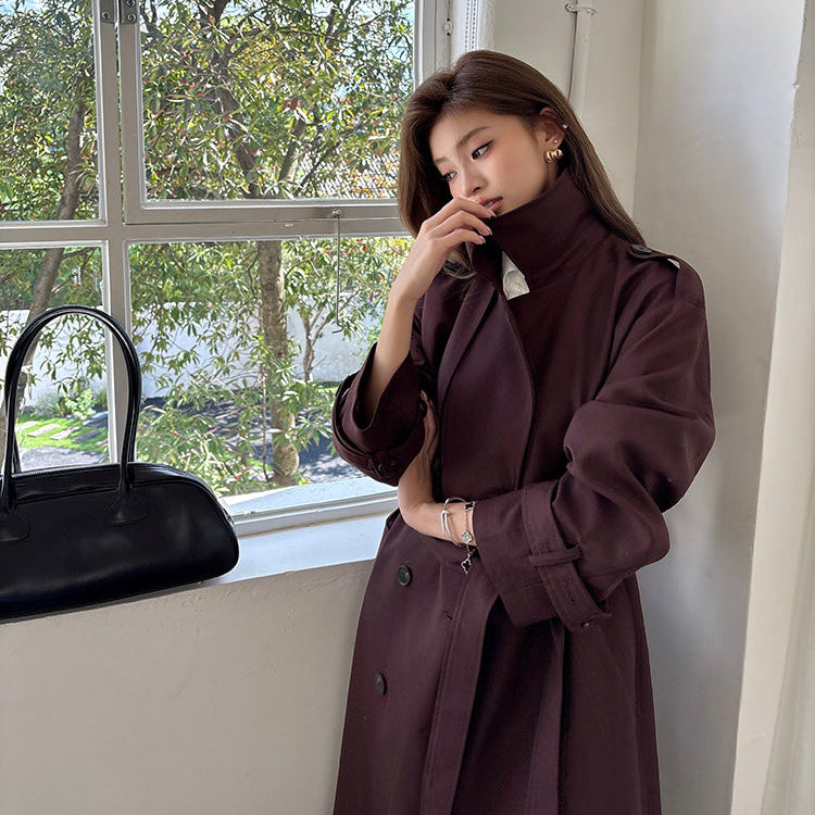 棕紅高級感雙排扣中長風衣-25652