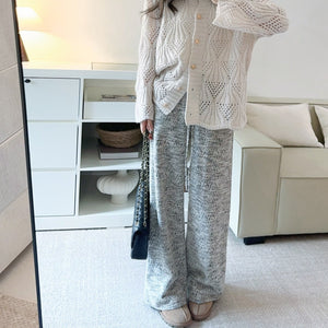 杏白黑紋纏銀絲鬆緊腰長褲-25597