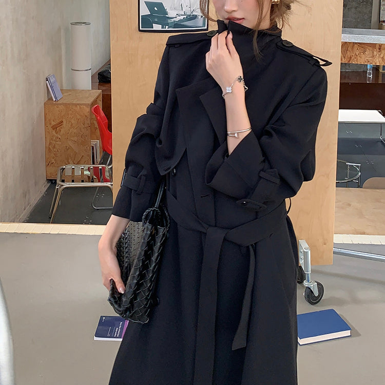 許我耀眼黑色繫帶長風衣-25644