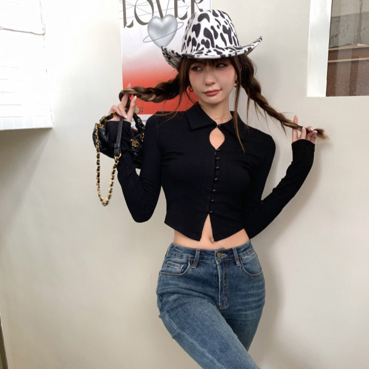歐美辣妹珍珠扣短上衣-25571