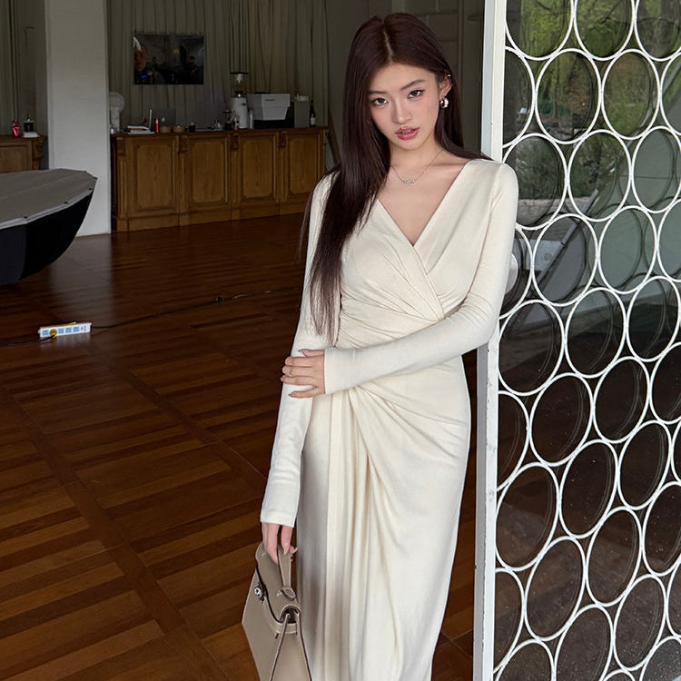 天使之吻杏白V領褶皺收腰長洋-25680