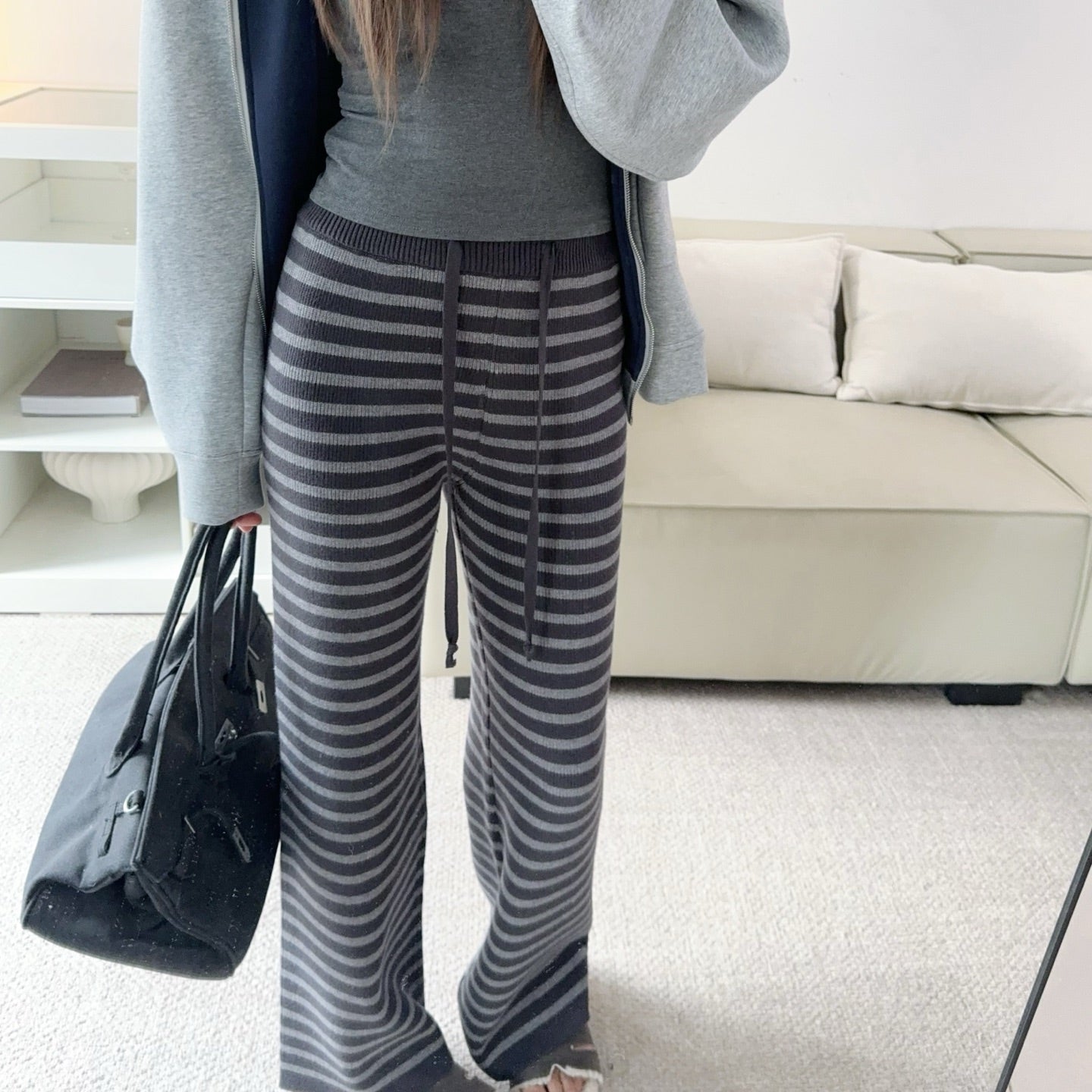 軟糯針織加厚條紋寬褲-25673