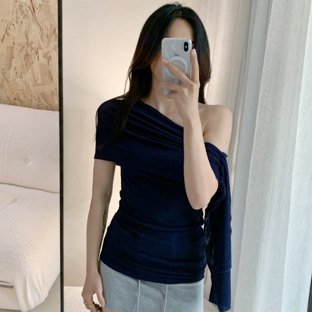 女人香深藍飄帶露肩上衣-25578