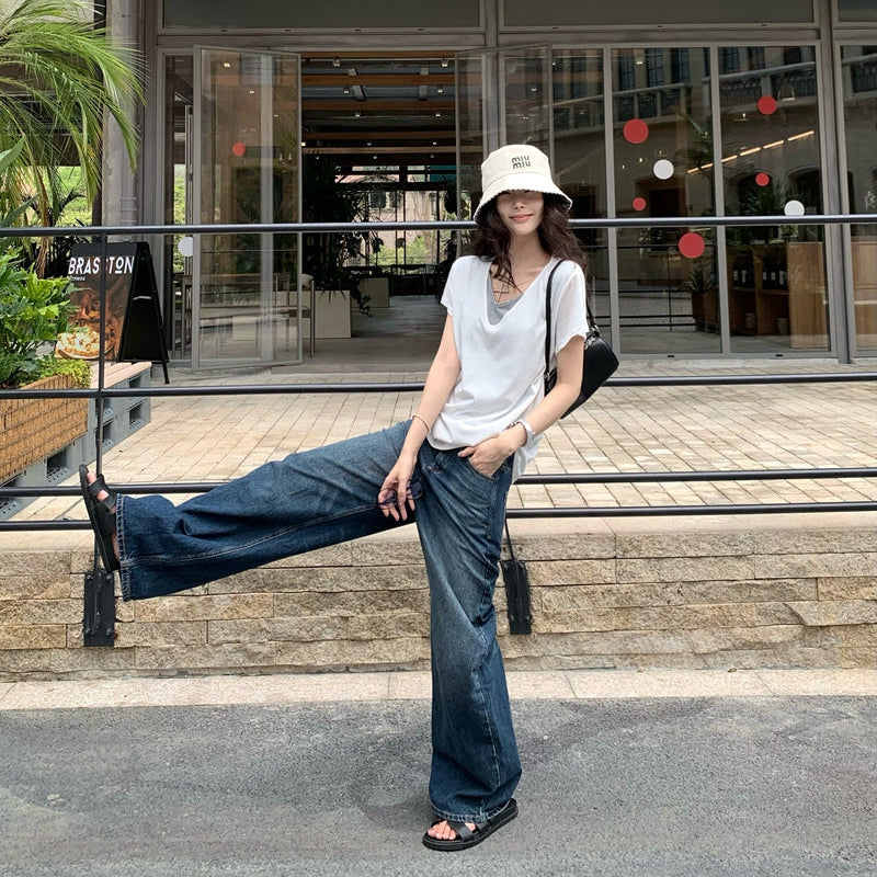 V領拼接假兩件疊穿寬鬆短袖T恤-25484