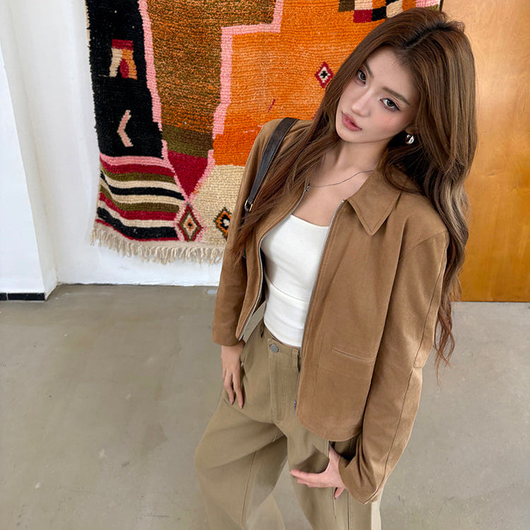 深卡其牛皮絨拉鏈皮外套-25656