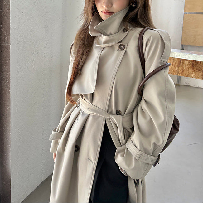 倫敦人寬鬆繫帶過膝長版風衣大衣-25654