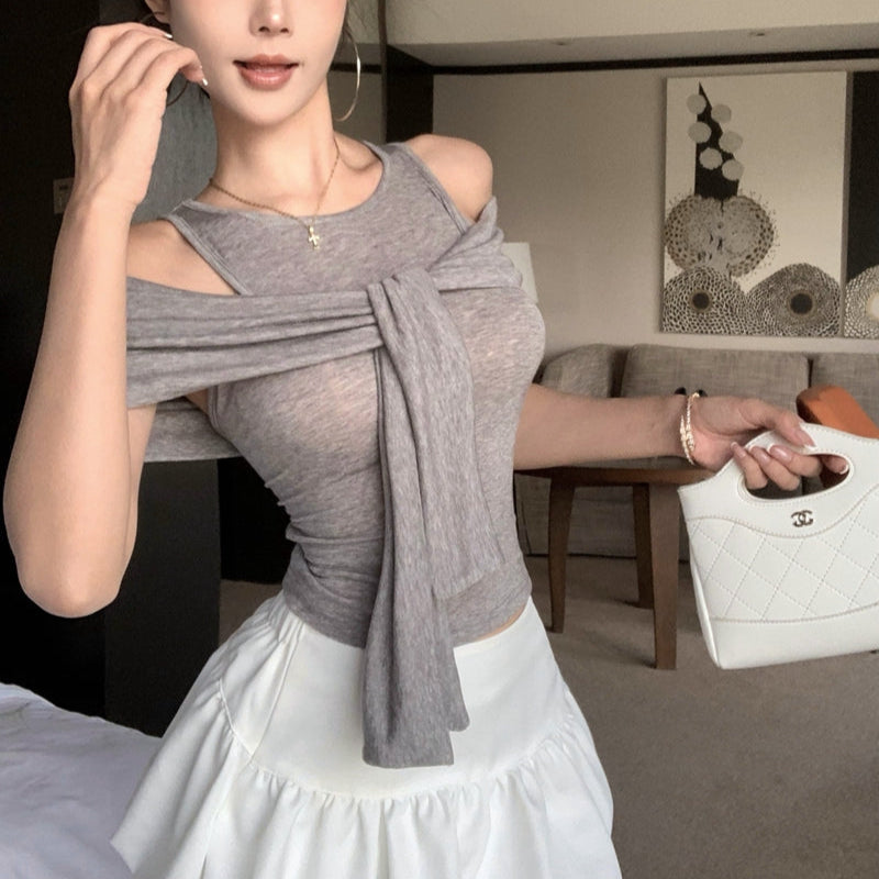 貴氣休閒綁帶裹肩背心上衣-25467
