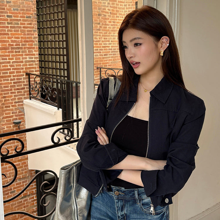 海藍翻領工裝短版棉夾克-25684