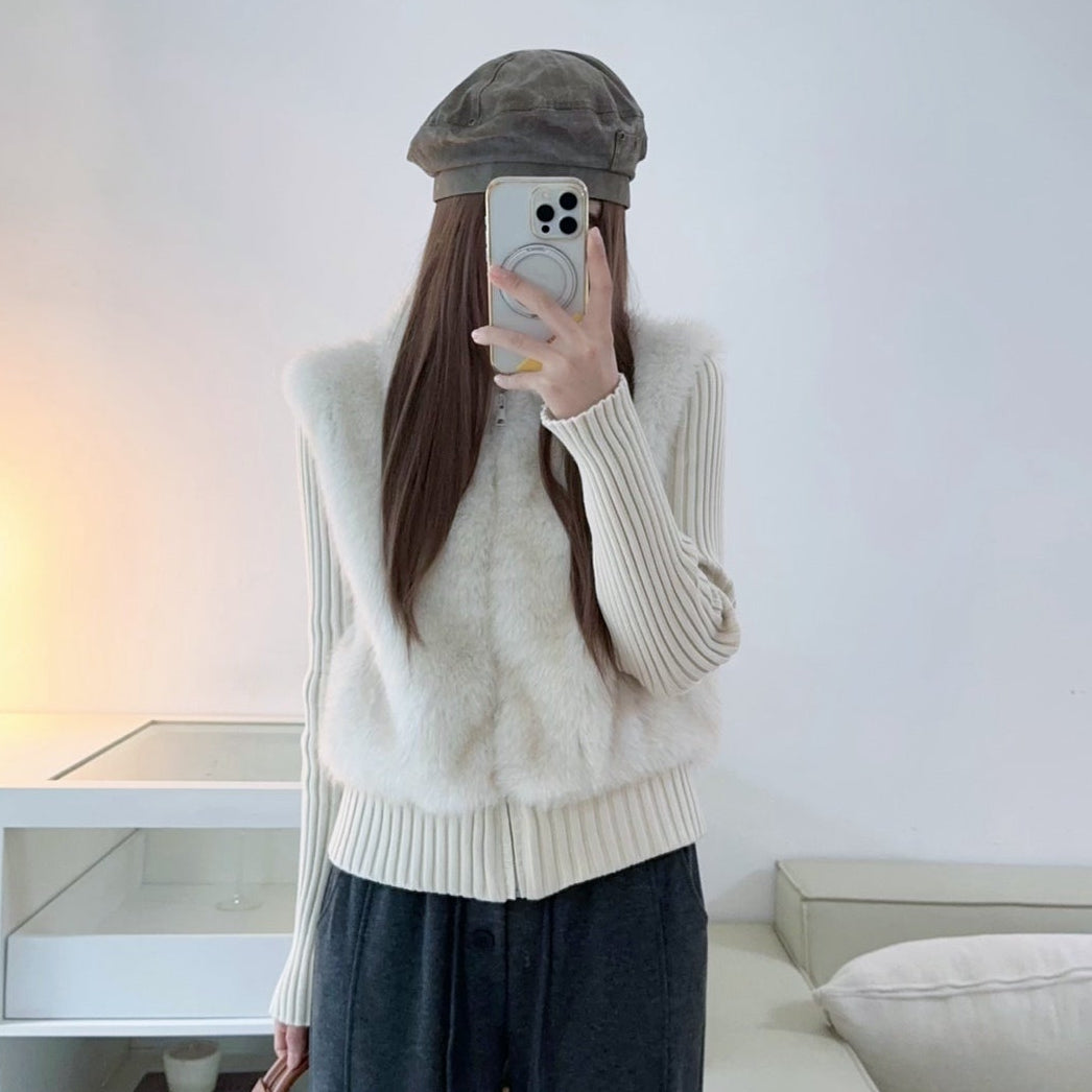 保暖禦寒顯瘦毛毛拼接針織外套-25678