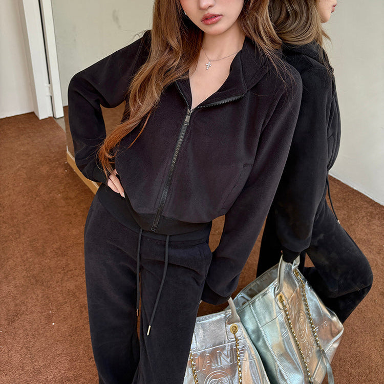 黑廠潮流搖粒絨連帽外套微喇褲兩件套-25640