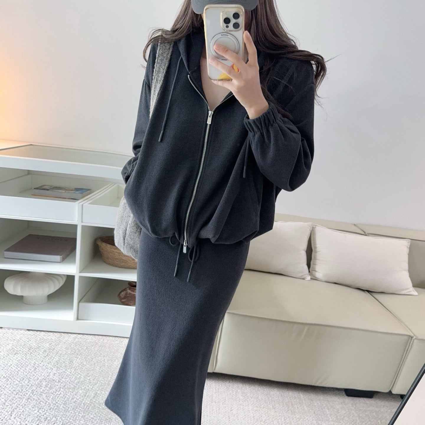桑蠶絲羊毛連帽外套垂感開衩長裙套裝-25603