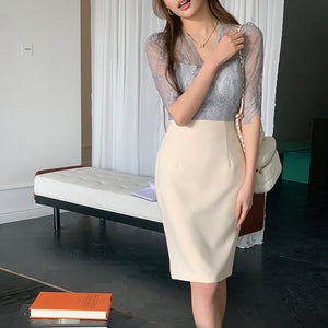 性感名媛杏色高腰修身包臀裙-25152